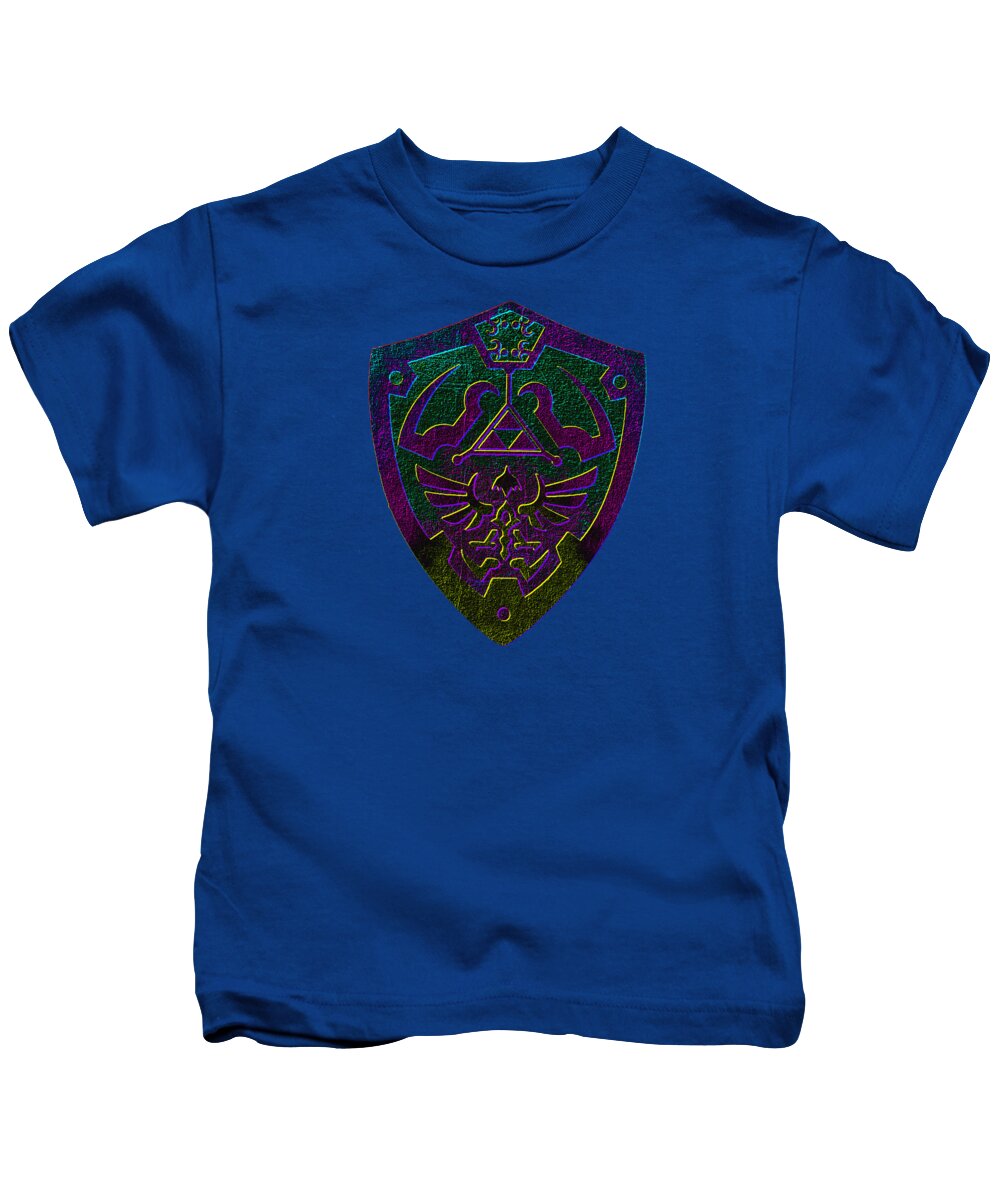 Kids graphic t-shirt in blue with short sleeves and colorful shield emblem on chest
