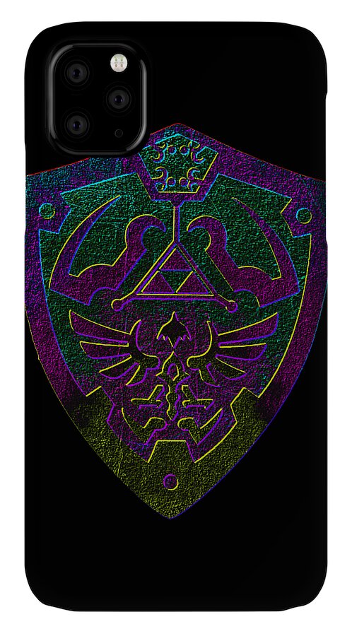 Black phone case with holographic purple and green shield emblem, camera lens cutouts