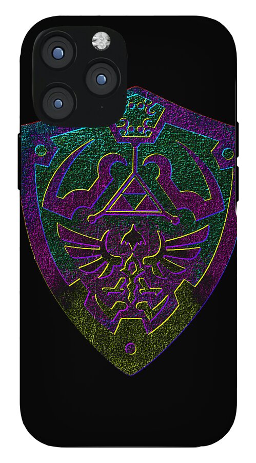 Black phone case with holographic shield emblem in purple and green, rear camera cutouts