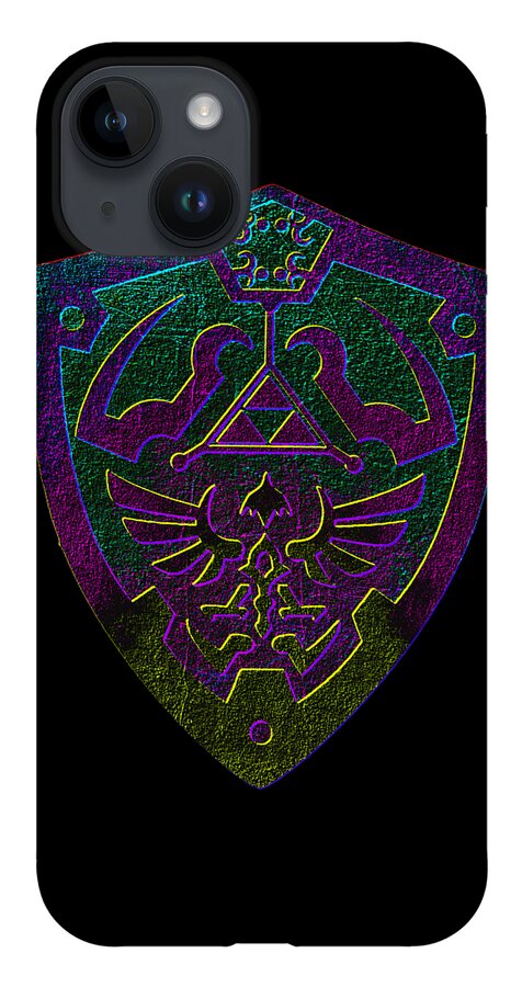 Phone case with dark back and purple-gold fantasy shield emblem, camera cutouts on top left
