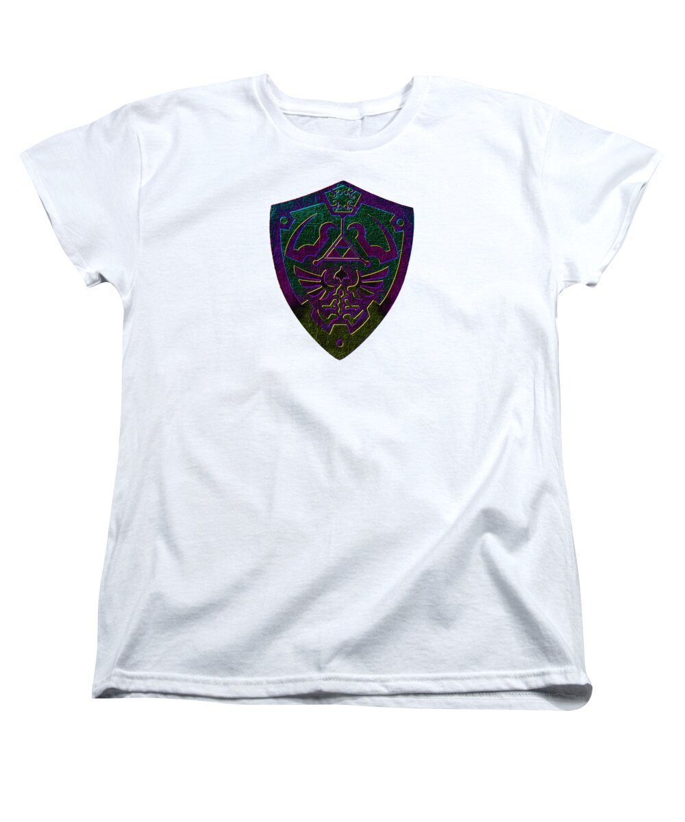 Women's T-shirt, white crew neck with colorful shield graphic on front