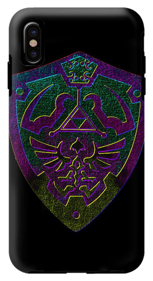 Black phone case with neon purple-green shield emblem and visible rear camera cutout.