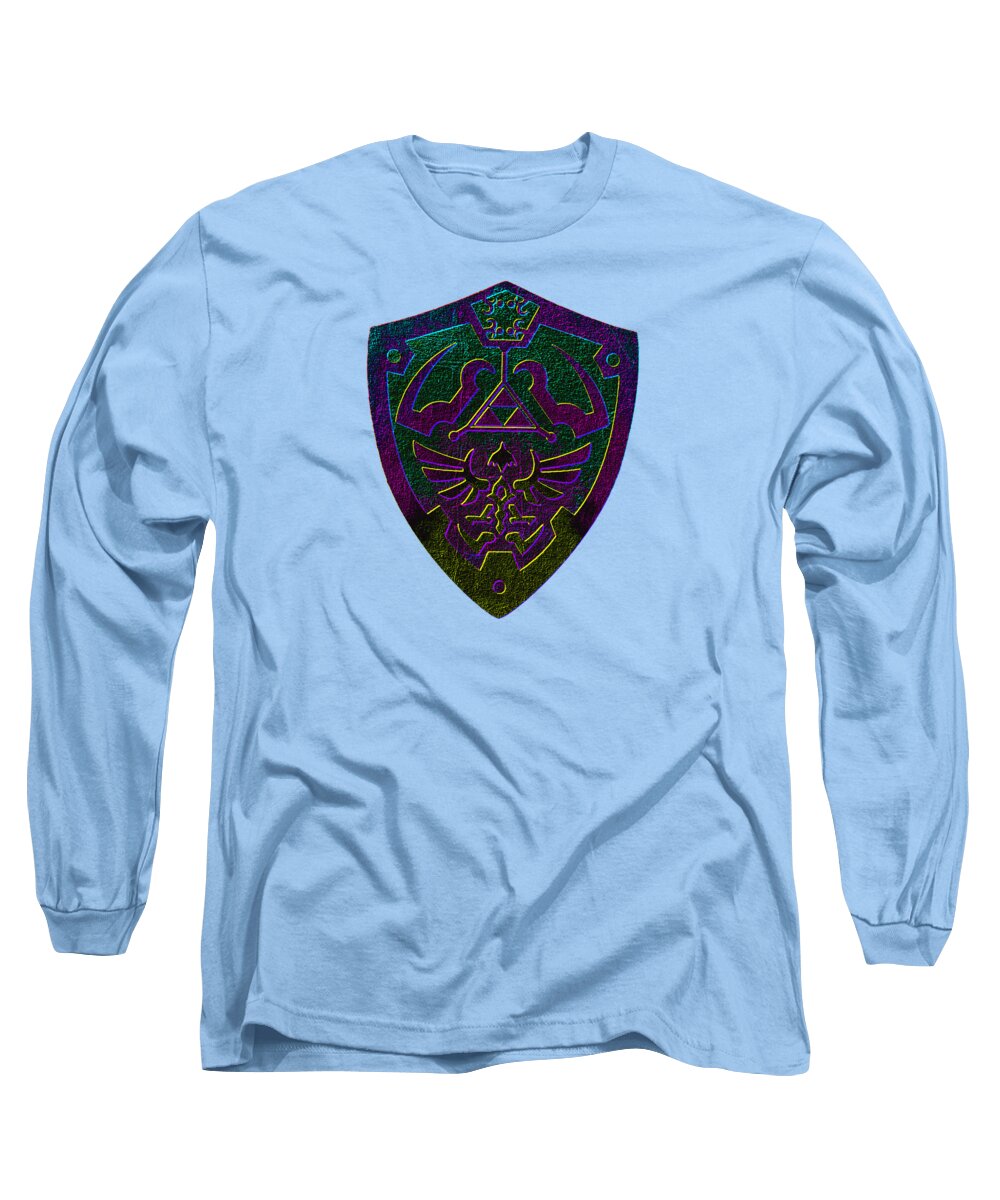 Light blue long sleeve T-shirt with purple-green shield graphic on chest.