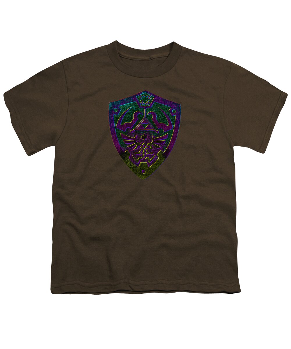 Coffee brown youth t-shirt with crew neck and colorful shield graphic on chest