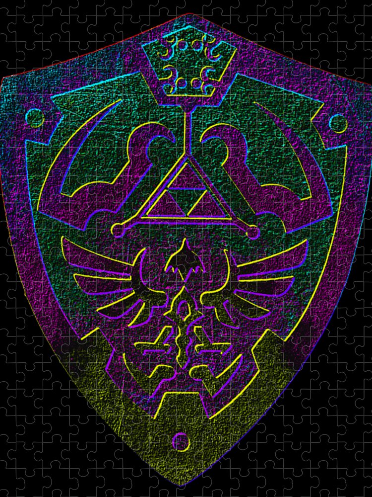 Diamond shield puzzle with neon multicolor gaming emblem and three-prong trident