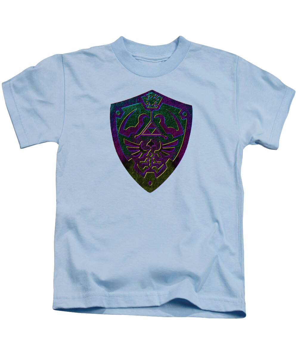 Kids light blue T-shirt with purple-green shield front graphic.