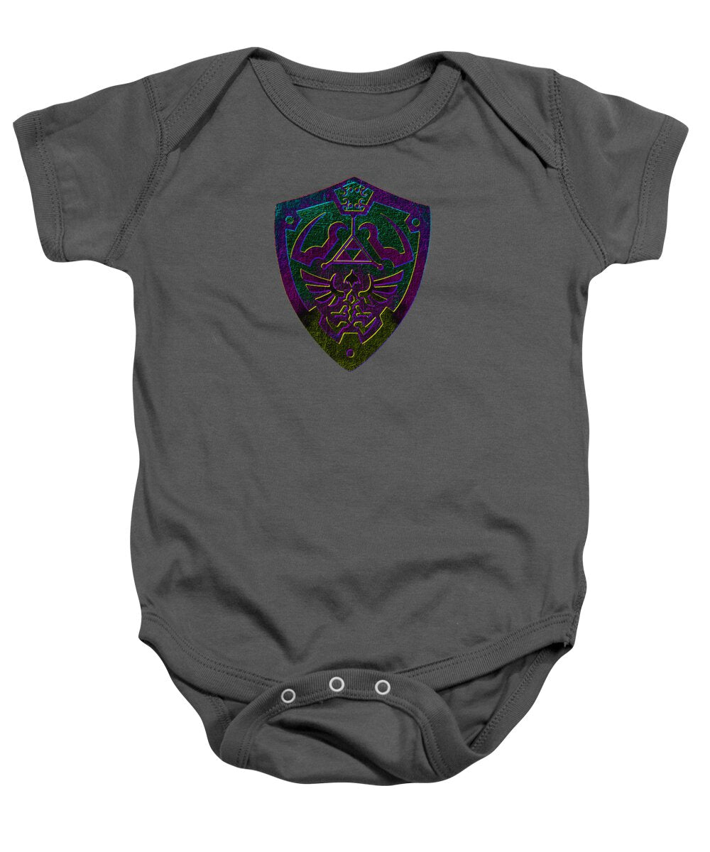Charcoal baby onesie with purple and green shield graphic and snap-button bottom