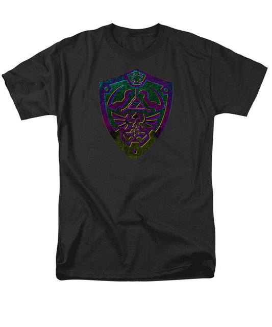 Men's black T-shirt with purple and green shield graphic on chest.