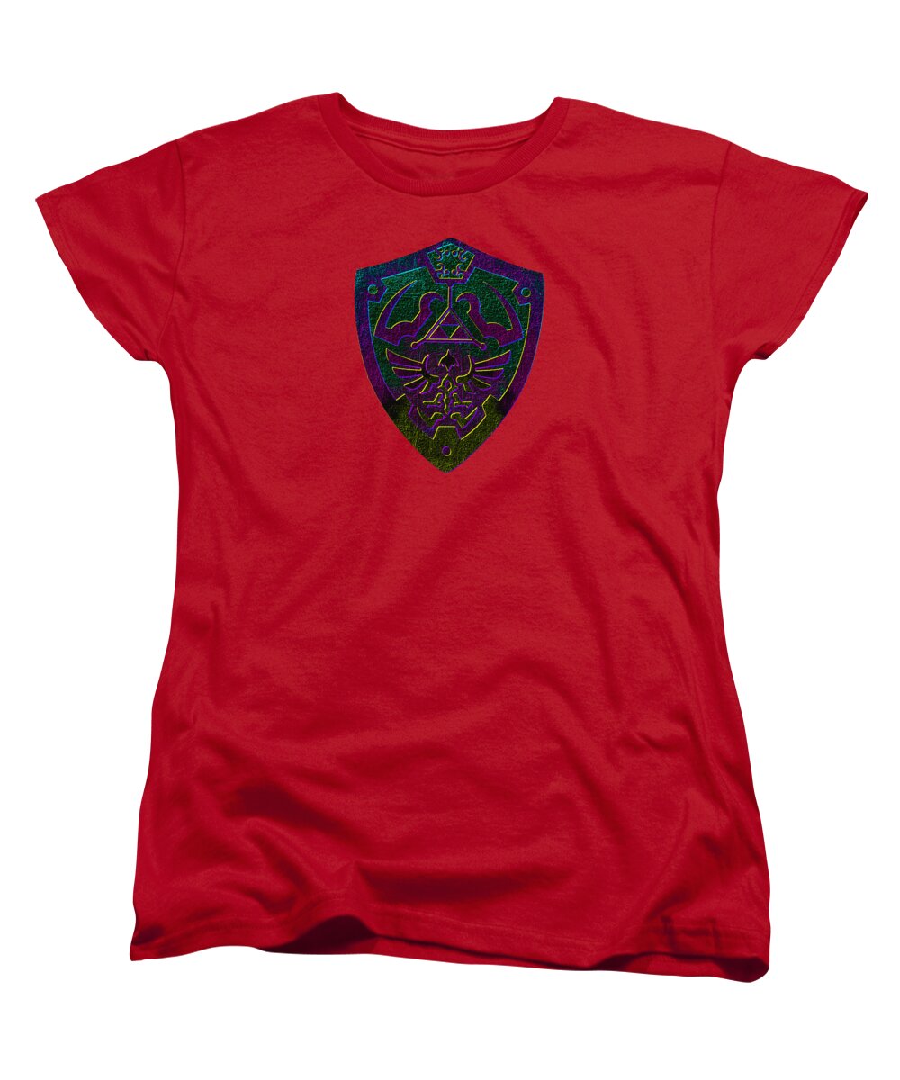 Women's T-shirt, red crew neck with colorful shield graphic on front