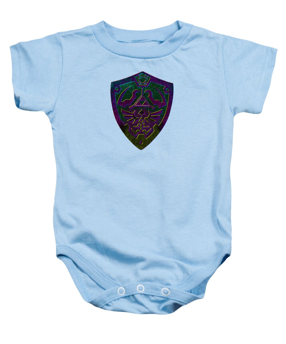 Light blue baby onesie with purple and green shield graphic and snap-button bottom