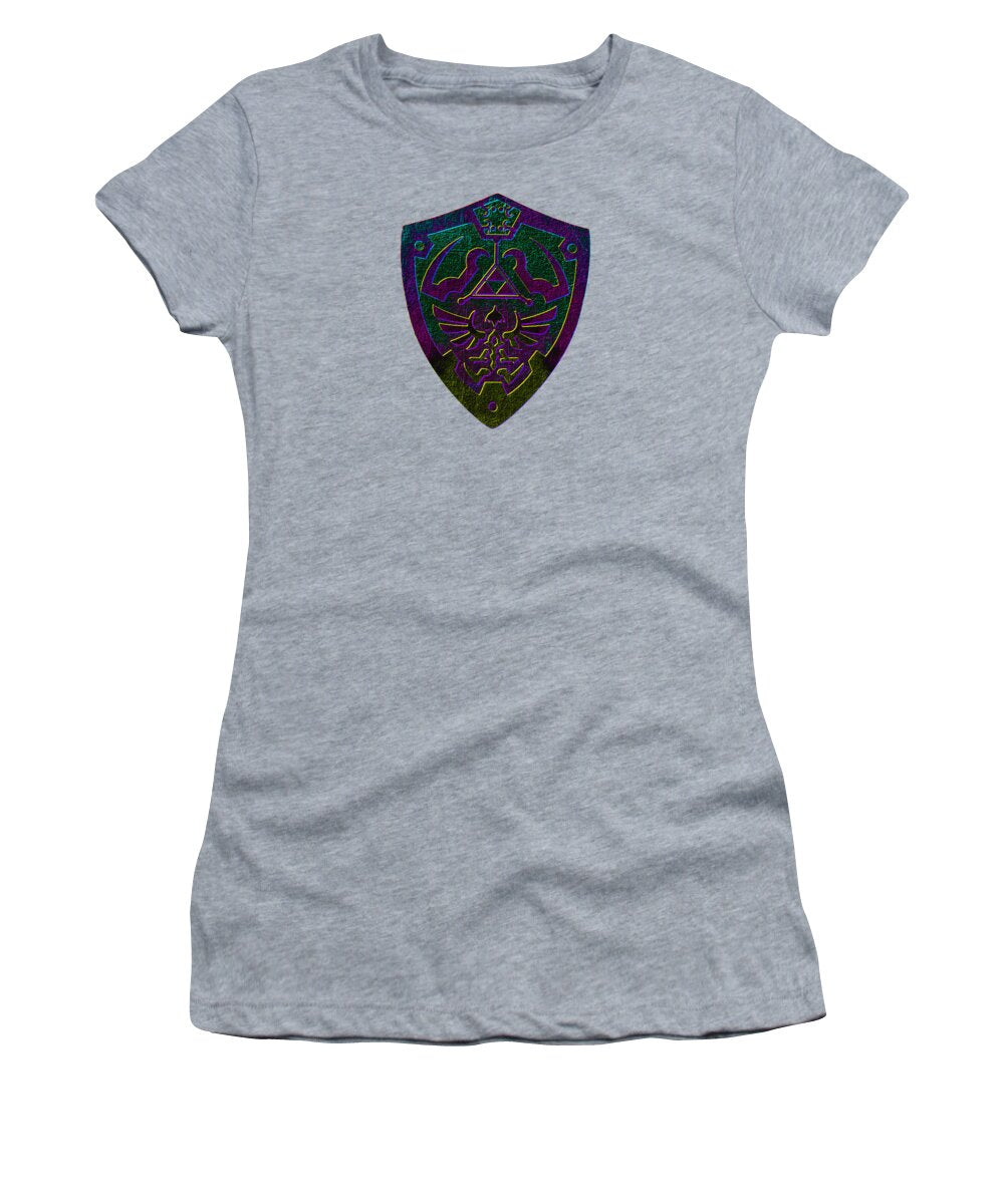 Women's heather gray T-shirt with colorful shield logo graphic on the chest