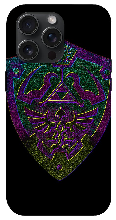 Phone case with dark back and purple-gold fantasy shield emblem, cutout for cameras