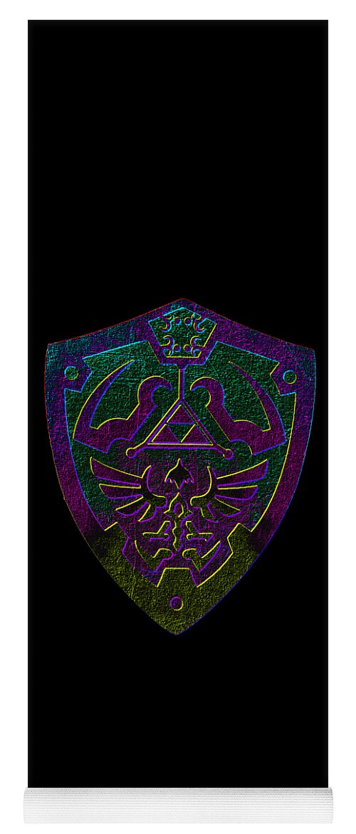 Yoga mat in dark color with purple and green shield emblem