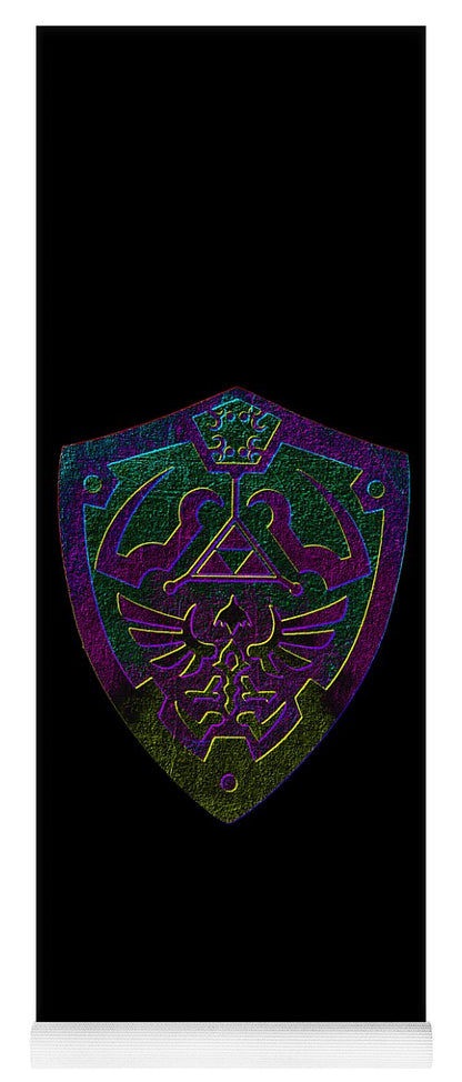 Yoga mat in dark color with purple and green shield emblem