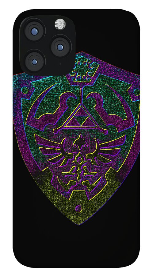 Black phone case with holographic shield emblem in purple and green, visible camera lenses