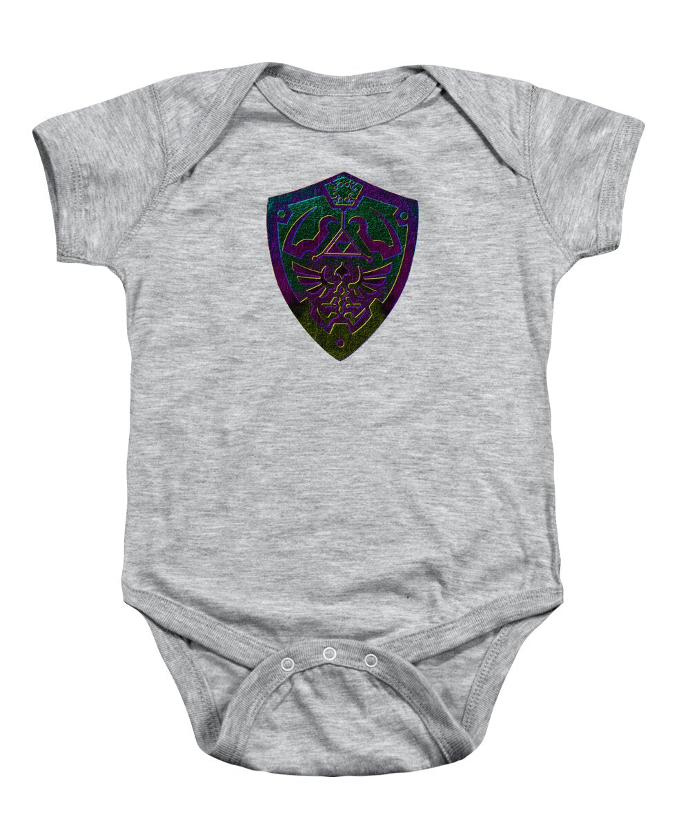 Heather gray baby onesie with purple and green shield graphic and snap-button bottom