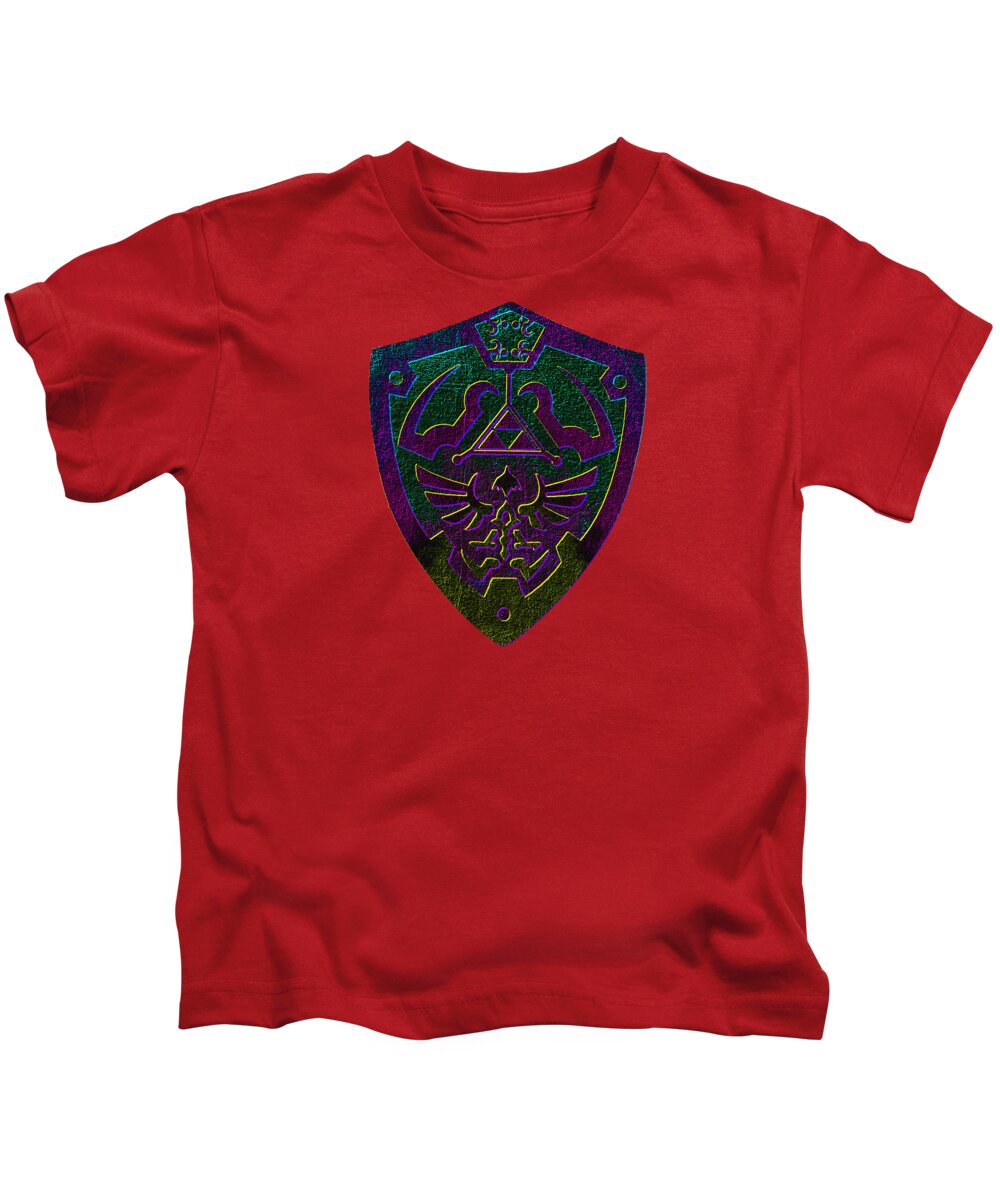 Kids graphic t-shirt in red with short sleeves and colorful shield emblem on chest