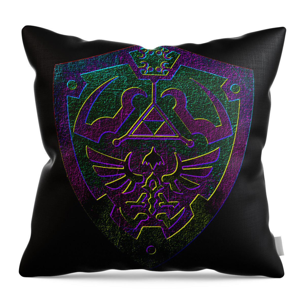 Link shield throw pillow, black cover with colorful purple-green-gold crest emblem