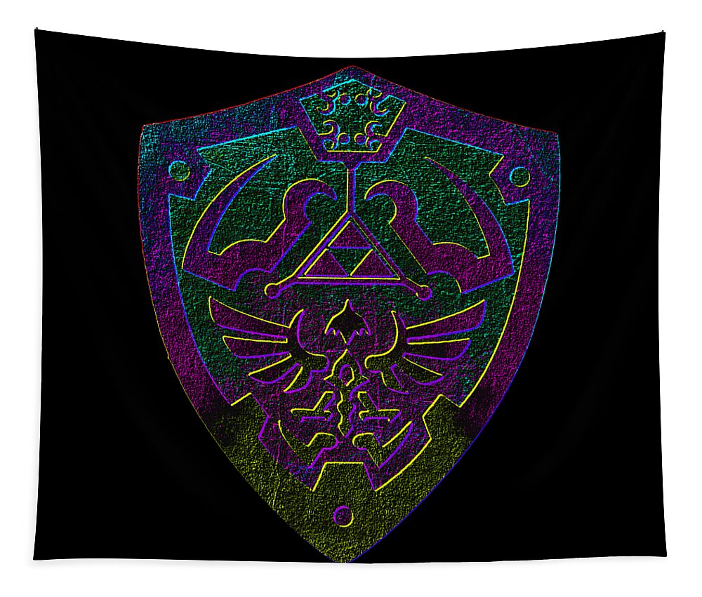 Black tapestry with large central gaming shield graphic, green and purple trim