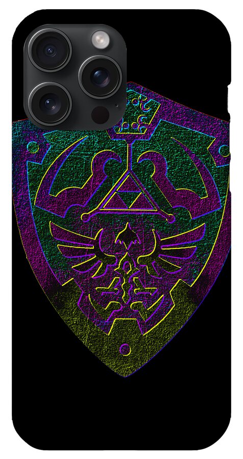 Black phone case with purple-green holographic winged crest and centered triangular icon