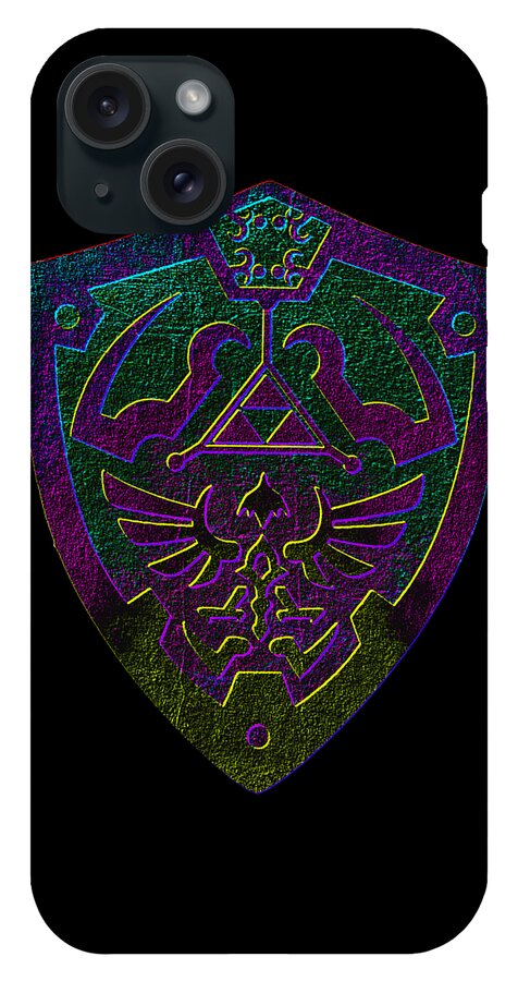 Black phone case showing purple-green holographic winged crest and triangular center