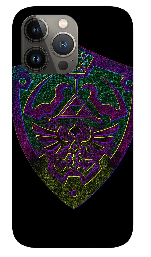 Phone case with black back and purple-green shield emblem with trident, triple camera module