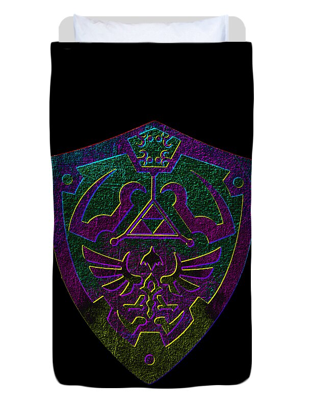 Black duvet cover with shield crest emblem and crown-like detail in purple and green