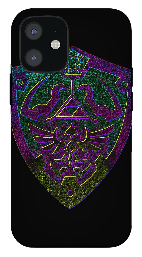 Black phone case with holographic shield emblem in purple and green, camera cutouts