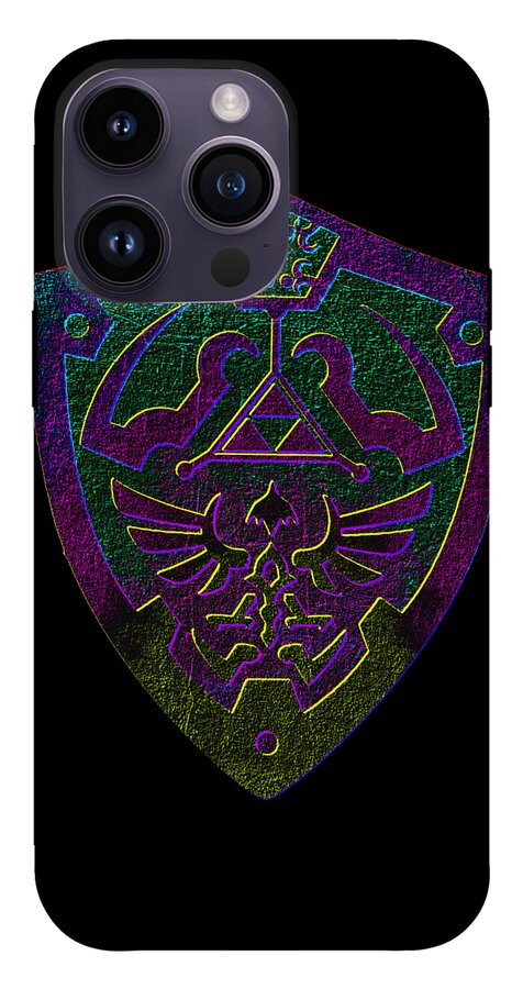 Phone case with gray back and purple-gold fantasy shield emblem, camera cutouts and flash
