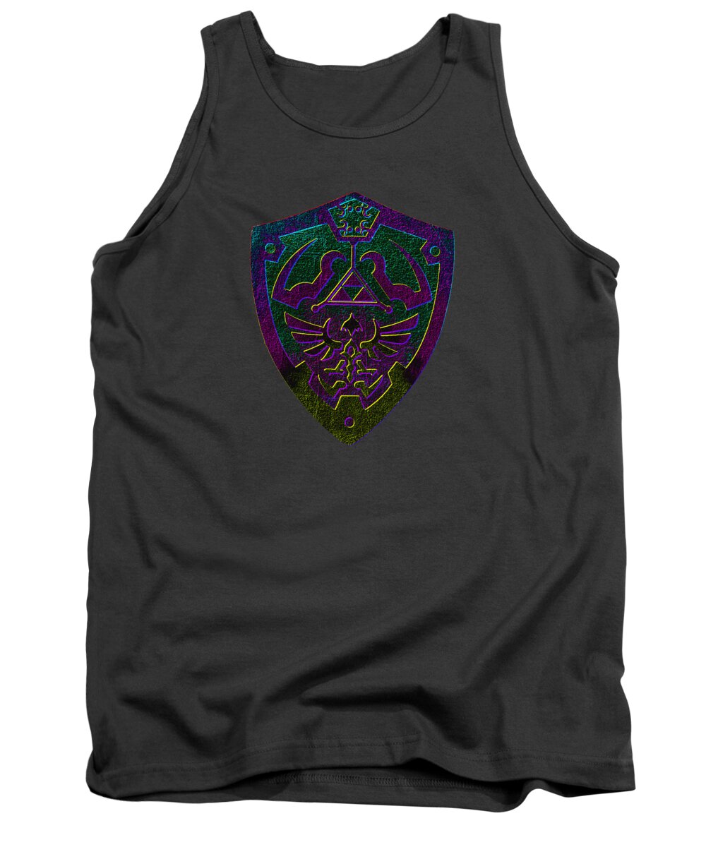 Charcoal gray tank top with crew neck and purple-green shield graphic front