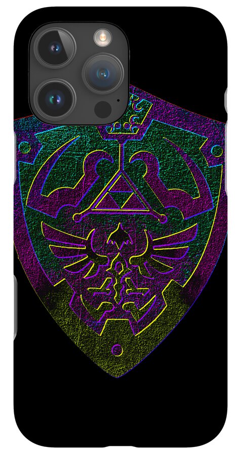 Black phone case featuring a purple-green holographic winged crest with triangular symbol