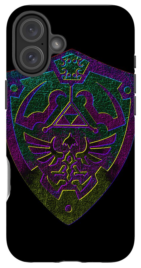 Black phone case with neon purple-green shield emblem, three camera lenses visible.