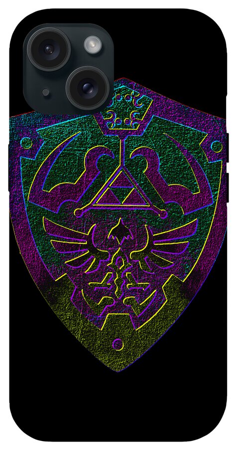 Black phone case with purple and green glitter effect winged crest and triangle