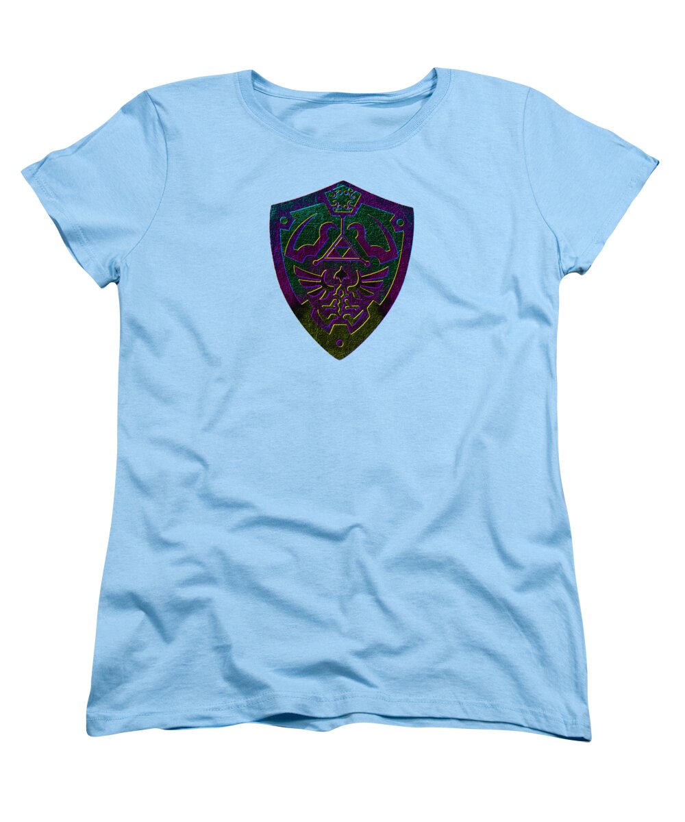 Women's T-shirt, light blue crew neck with colorful shield graphic on front