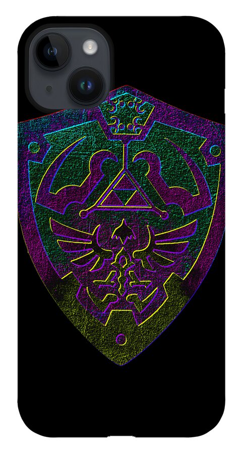 Phone case with dark back and purple-gold fantasy shield emblem, camera cutouts and flash
