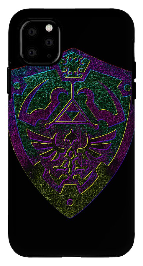 Black phone case with purple and green holographic shield emblem, camera openings