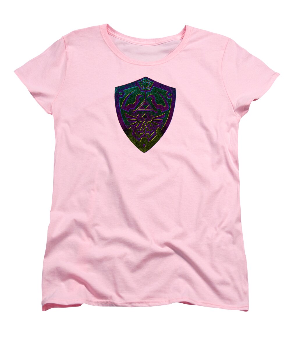Women's T-shirt, pink crew neck with colorful shield graphic on front