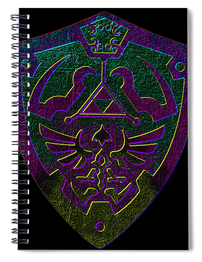 Spiral notebook with holographic-style gaming shield emblem cover and metal ring binding