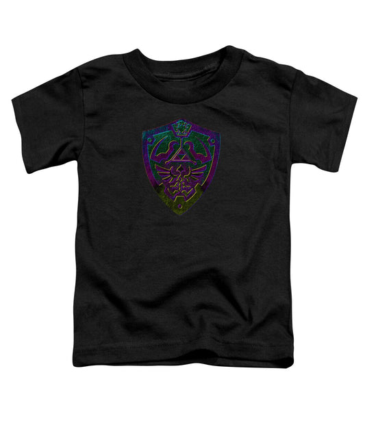 Toddler t-shirt in black with a colorful shield gamer logo print on chest
