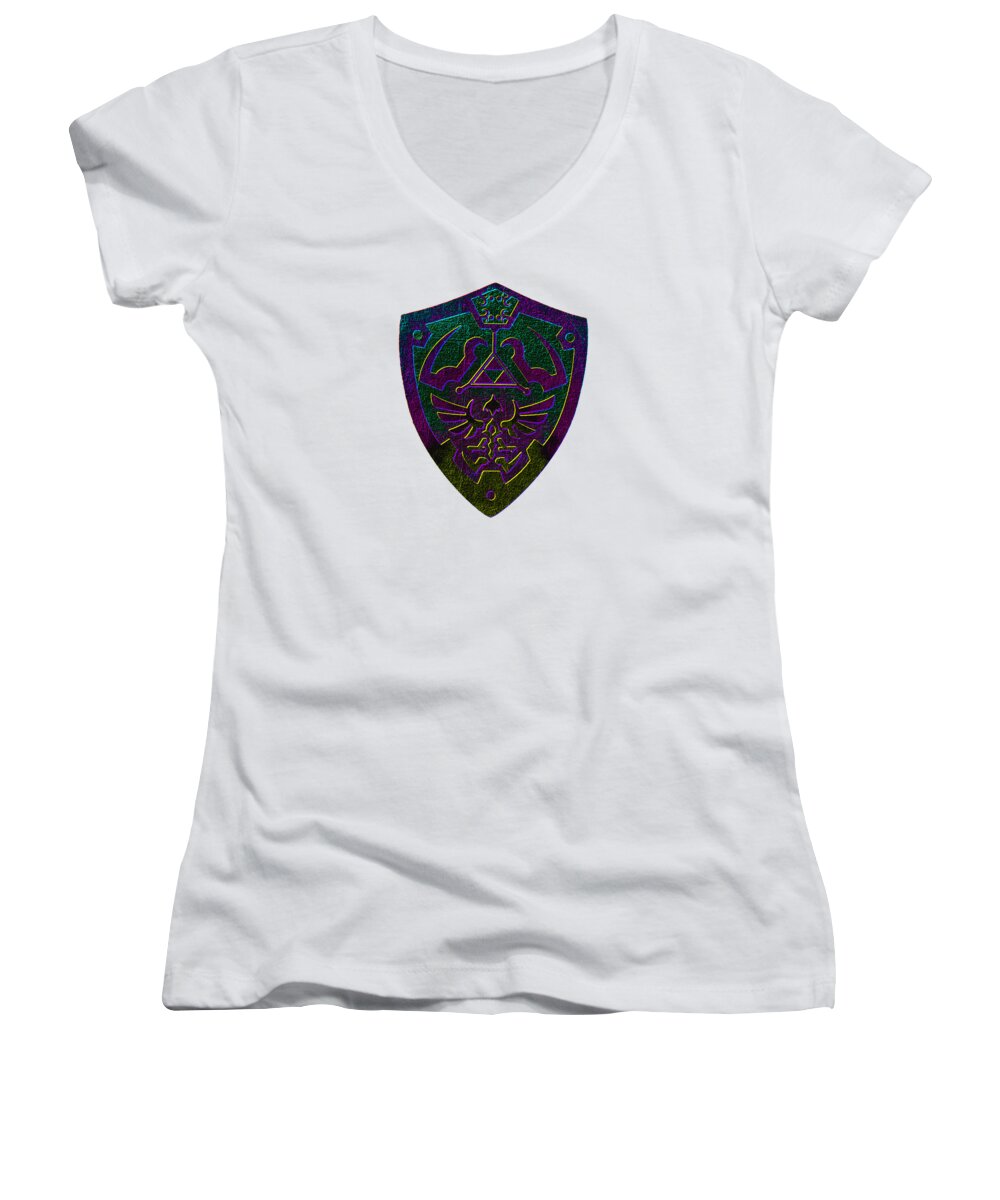 Women's white V-neck T-shirt with colorful shield graphic on chest
