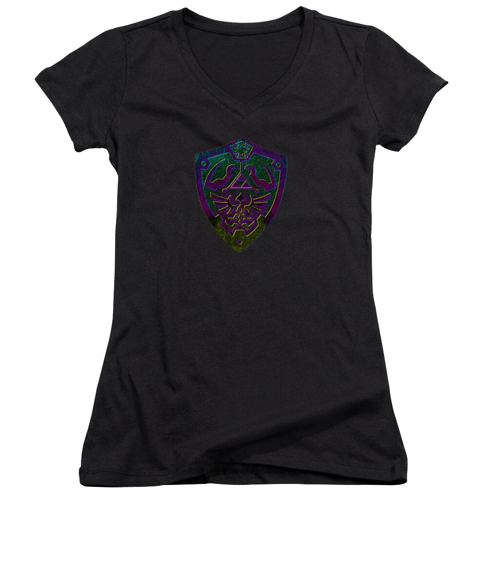 Women's black V-neck T-shirt with colorful shield graphic on chest