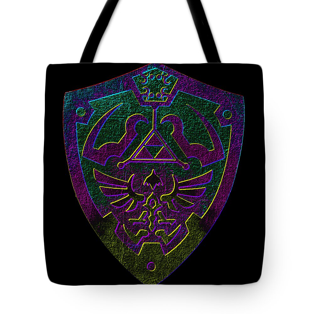 Black tote bag with large shield emblem featuring gaming symbols, purple and green