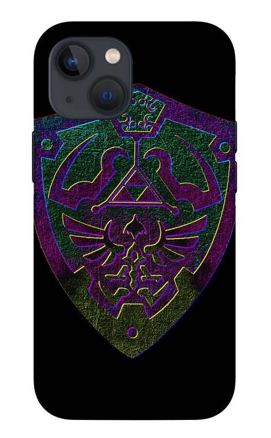 Phone case with black back and purple-green shield emblem with trident graphic