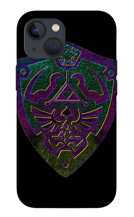 Phone case with black back and purple-green shield emblem with trident graphic