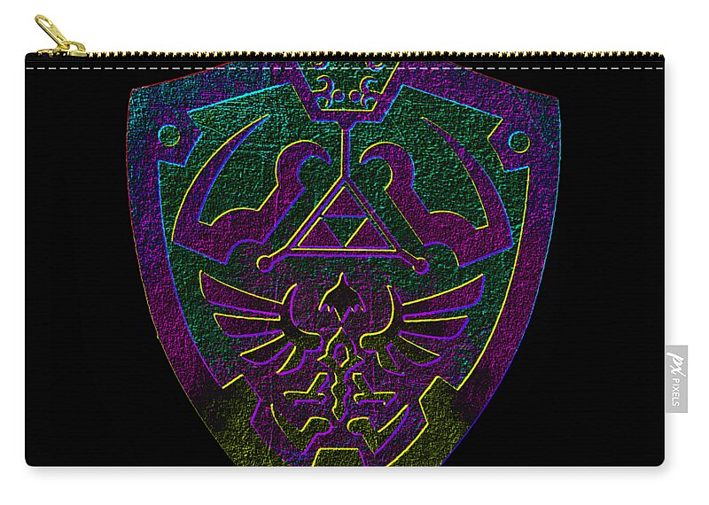 Black zip pouch with centered neon shield emblem and gold zipper pull.
