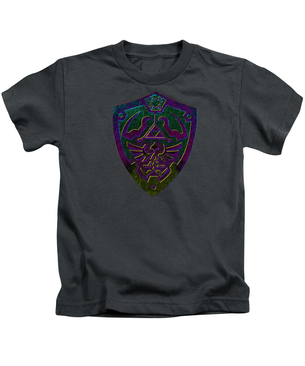 Kids charcoal gray T-shirt with purple-green shield front graphic.