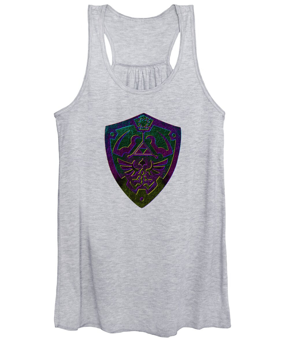 Women's light gray tank top with purple-green shield graphic