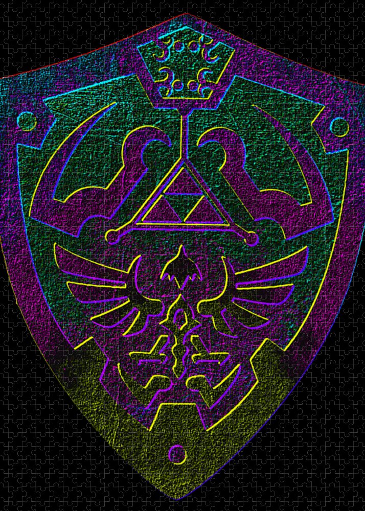 Diamond shield puzzle with neon multicolor crest and central trident emblem