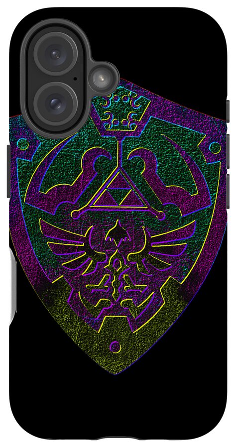 Black phone case with neon purple-green shield emblem, triple-lens camera visible.
