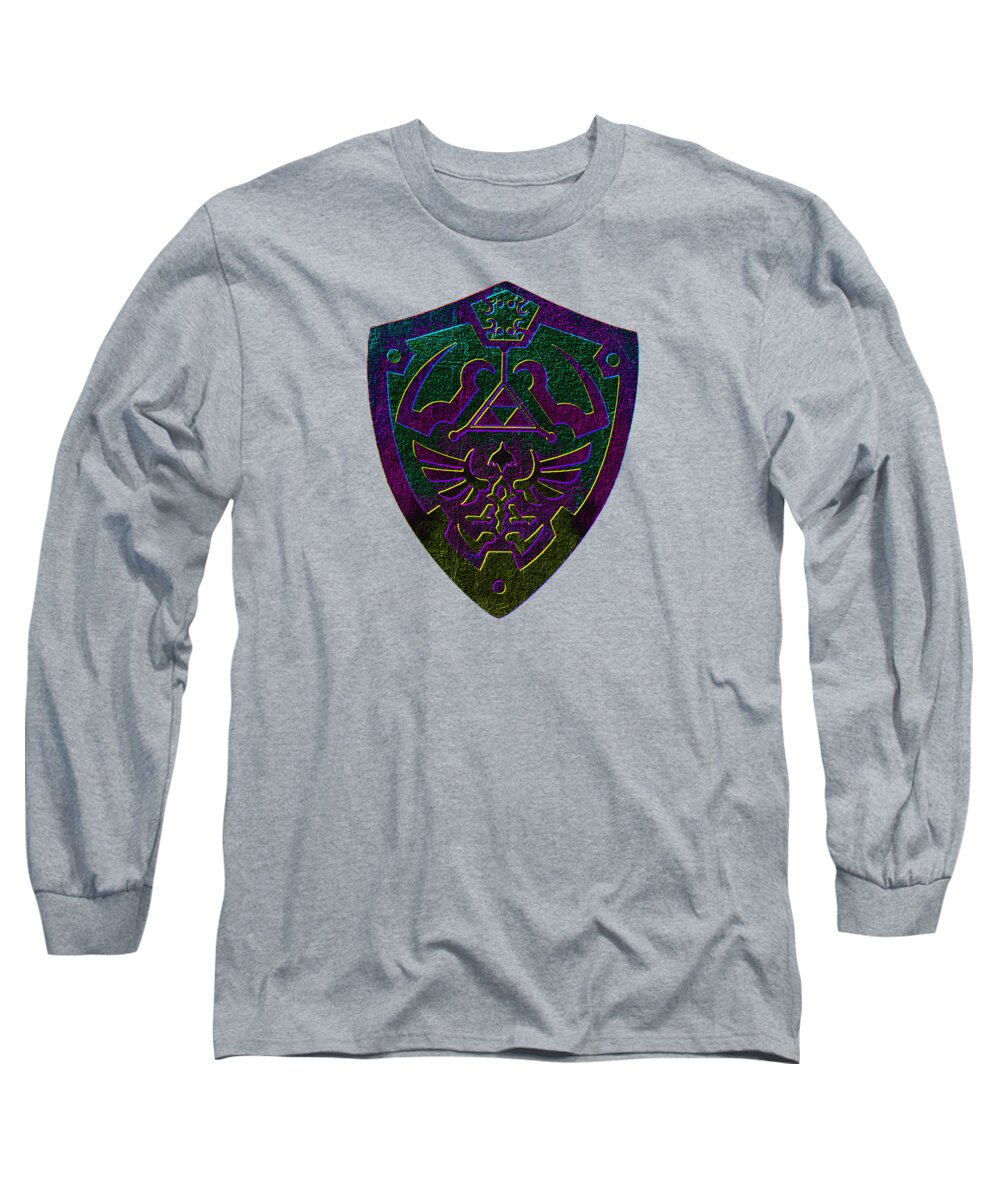 Heather gray long sleeve T-shirt with purple-green shield graphic on chest.